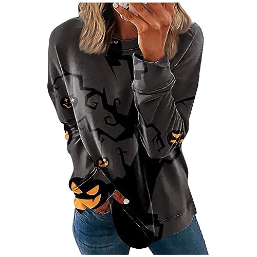 Long Sleeve T Shirts for Women Tight Tank Tops for Women Gifts for 18 Year Old Girl Women Crewneck Sweatshirt Halloween Town Sweatshirt Fashion Clothes for Women（1-Gray,X-Large）