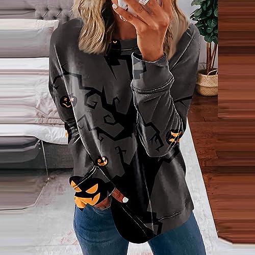 Long Sleeve T Shirts for Women Tight Tank Tops for Women Gifts for 18 Year Old Girl Women Crewneck Sweatshirt Halloween Town Sweatshirt Fashion Clothes for Women（1-Gray,X-Large）