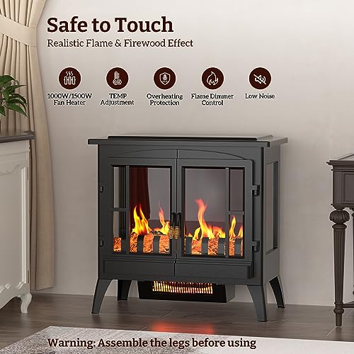 Electric Fireplace Stove, 23" Realistic Flame Effect Fireplace Heater, Indoor Freestanding Infrared Electric Stove Heater,Overheating Safety System,Thermostat, Portable 1000W/1500W