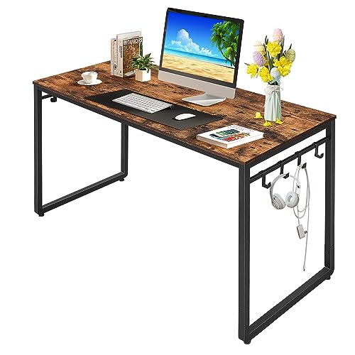 Zanzio Computer Desk with 8 Storage Hooks, 51.1 Inches Simple Style Home Office Desk Writing Study Table with Stable Metal Frame, Easy Assembly, Vintage Brown