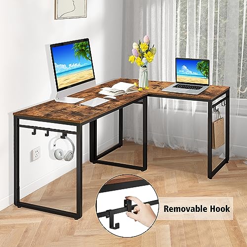 Zanzio Computer Desk with 8 Storage Hooks, 51.1 Inches Simple Style Home Office Desk Writing Study Table with Stable Metal Frame, Easy Assembly, Vintage Brown