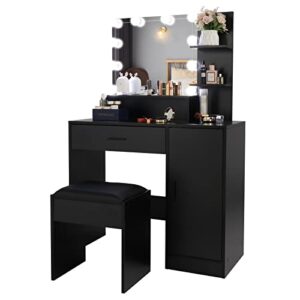 large vanity set - lighted makeup table with vanity stool - makeup vanity with lights - vanity makeup desk with adjustable 3-color led bulbs - dressing table with 3 shelves 1 drawer 1 cabinet - black