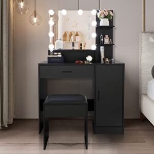 Large Vanity Set - Lighted Makeup Table with Vanity Stool - Makeup Vanity With Lights - Vanity Makeup Desk with Adjustable 3-color LED Bulbs - Dressing Table with 3 Shelves 1 Drawer 1 Cabinet - Black