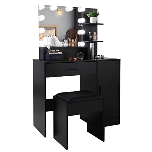 Large Vanity Set - Lighted Makeup Table with Vanity Stool - Makeup Vanity With Lights - Vanity Makeup Desk with Adjustable 3-color LED Bulbs - Dressing Table with 3 Shelves 1 Drawer 1 Cabinet - Black