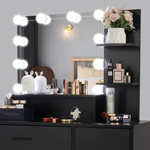 Large Vanity Set - Lighted Makeup Table with Vanity Stool - Makeup Vanity With Lights - Vanity Makeup Desk with Adjustable 3-color LED Bulbs - Dressing Table with 3 Shelves 1 Drawer 1 Cabinet - Black