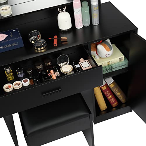 Large Vanity Set - Lighted Makeup Table with Vanity Stool - Makeup Vanity With Lights - Vanity Makeup Desk with Adjustable 3-color LED Bulbs - Dressing Table with 3 Shelves 1 Drawer 1 Cabinet - Black