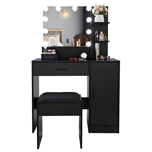 Large Vanity Set - Lighted Makeup Table with Vanity Stool - Makeup Vanity With Lights - Vanity Makeup Desk with Adjustable 3-color LED Bulbs - Dressing Table with 3 Shelves 1 Drawer 1 Cabinet - Black