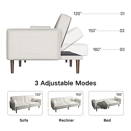 Verfur Convertible Futon Sofa Bed with Sturdy, Button Tufted Foldable Loveseat Sleeper Couch Daybed with Split Backrest for Home Living Room Bedroom Sofabed, White Cotton 75" w/Wooden Legs