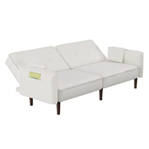 Verfur Convertible Futon Sofa Bed with Sturdy, Button Tufted Foldable Loveseat Sleeper Couch Daybed with Split Backrest for Home Living Room Bedroom Sofabed, White Cotton 75" w/Wooden Legs