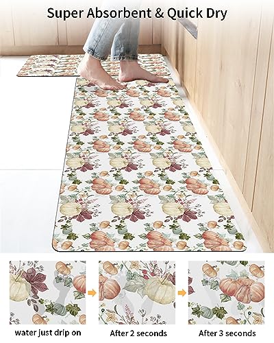 Harvest Pumpkins Bath Mat for Tub,Non Slip Bathroom Floor Runner Rug Quick Dry & Absorbent Diatomaceous Earth Shower Sink Kitchen Washable Doormat,Fall Autumn Thanksgiving Maple Leaves 16x24+16x47