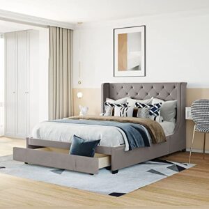 tartop queen size bed frame with storage drawers, queen velvet upholstered platform bed with wingback headboard/strong wooden slats/easy assembly,gray