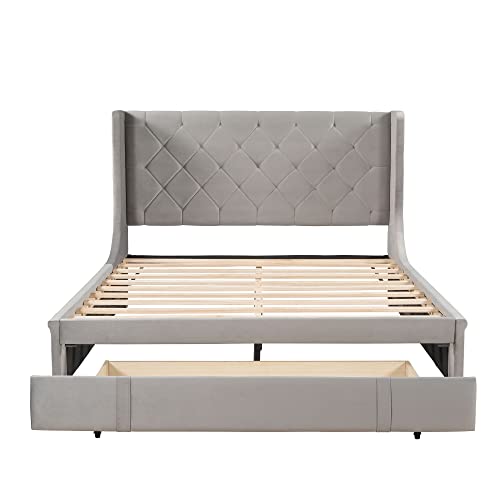 TARTOP Queen Size Bed Frame with Storage Drawers, Queen Velvet Upholstered Platform Bed with Wingback Headboard/Strong Wooden Slats/Easy Assembly,Gray