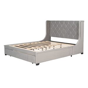 TARTOP Queen Size Bed Frame with Storage Drawers, Queen Velvet Upholstered Platform Bed with Wingback Headboard/Strong Wooden Slats/Easy Assembly,Gray