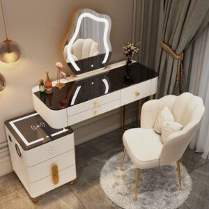 skeppyvanity desk set - makeup vanity with wireless charging station and bluetooth speaker, dressing table with mirror and lights, vanity desk with storage cabinet and chair for bedroom,white 100cm