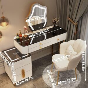 SKEPPYVanity Desk Set - Makeup Vanity with Wireless Charging Station and Bluetooth Speaker, Dressing Table with Mirror and Lights, Vanity Desk with Storage Cabinet and Chair for Bedroom,White 100cm