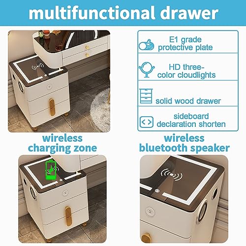 SKEPPYVanity Desk Set - Makeup Vanity with Wireless Charging Station and Bluetooth Speaker, Dressing Table with Mirror and Lights, Vanity Desk with Storage Cabinet and Chair for Bedroom,White 100cm