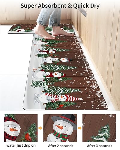 Winter Snowman Bath Mat for Tub,Non Slip Bathroom Floor Runner Rug Quick Dry & Absorbent Diatomaceous Earth Shower Sink Kitchen Washable Doormat,Christmas Tree Snowflake Vintage Brown 16x24+16x47