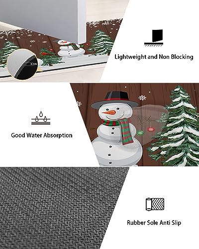 Winter Snowman Bath Mat for Tub,Non Slip Bathroom Floor Runner Rug Quick Dry & Absorbent Diatomaceous Earth Shower Sink Kitchen Washable Doormat,Christmas Tree Snowflake Vintage Brown 16x24+16x47