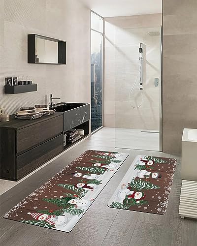 Winter Snowman Bath Mat for Tub,Non Slip Bathroom Floor Runner Rug Quick Dry & Absorbent Diatomaceous Earth Shower Sink Kitchen Washable Doormat,Christmas Tree Snowflake Vintage Brown 16x24+16x47