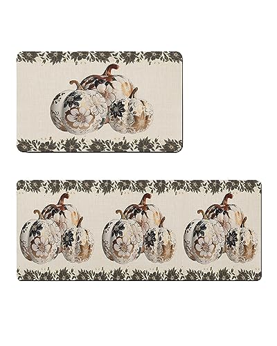 Farmhouse Thanksgiving Bath Mat for Tub,Non Slip Bathroom Floor Runner Rug Quick Dry & Absorbent Diatomaceous Earth Shower Sink Kitchen Washable Doormat,European Pumpkins Gold Floral Leaf 16x24+16x47