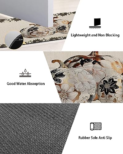 Farmhouse Thanksgiving Bath Mat for Tub,Non Slip Bathroom Floor Runner Rug Quick Dry & Absorbent Diatomaceous Earth Shower Sink Kitchen Washable Doormat,European Pumpkins Gold Floral Leaf 16x24+16x47