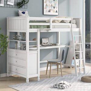 tartop twin size loft bed with desk and drawers, wooden loft bed with storage shelves for kids teens adults,no box spring needed,white