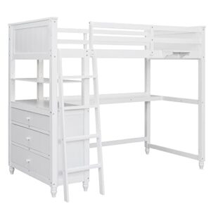 TARTOP Twin Size Loft Bed with Desk and Drawers, Wooden Loft Bed with Storage Shelves for Kids Teens Adults,No Box Spring Needed,White