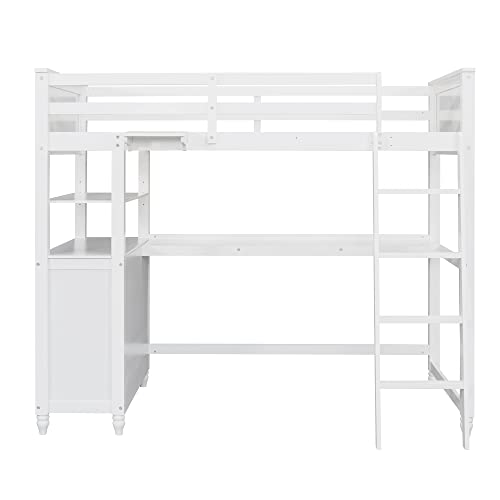 TARTOP Twin Size Loft Bed with Desk and Drawers, Wooden Loft Bed with Storage Shelves for Kids Teens Adults,No Box Spring Needed,White