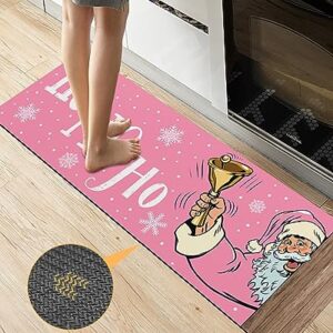 Christmas Pink Bath Mat for Tub,Non Slip Bathroom Floor Runner Rug Quick Dry & Absorbent Diatomaceous Earth Shower Sink Bedroom Kitchen Washable Doormat,Blush Santa Bell Winter Snowflake 18"x47"