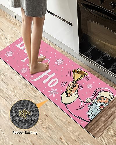 Christmas Pink Bath Mat for Tub,Non Slip Bathroom Floor Runner Rug Quick Dry & Absorbent Diatomaceous Earth Shower Sink Bedroom Kitchen Washable Doormat,Blush Santa Bell Winter Snowflake 18"x47"