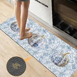 Thanksgiving Bath Mat for Tub,Non Slip Bathroom Floor Runner Rug Quick Dry & Absorbent Diatomaceous Earth Shower Sink Kitchen Washable Doormat,Blue Pumpkins Autumn Oil Painted Tile Flower 16"x47"