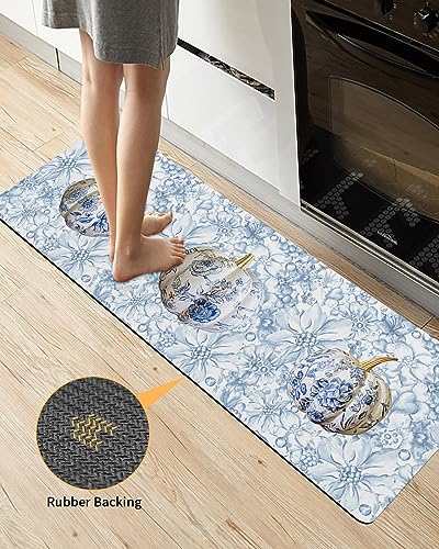 Thanksgiving Bath Mat for Tub,Non Slip Bathroom Floor Runner Rug Quick Dry & Absorbent Diatomaceous Earth Shower Sink Kitchen Washable Doormat,Blue Pumpkins Autumn Oil Painted Tile Flower 16"x47"