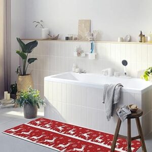 Christmas Deer Bath Mat for Tub,Non Slip Bathroom Floor Runner Rug Quick Dry & Absorbent Diatomaceous Earth Shower Sink Bedroom Kitchen Washable Doormat,Xmas Winter Snowflake Reindeer Red Tree 20"x47"