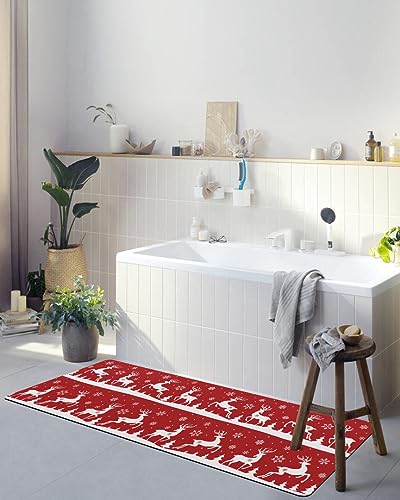Christmas Deer Bath Mat for Tub,Non Slip Bathroom Floor Runner Rug Quick Dry & Absorbent Diatomaceous Earth Shower Sink Bedroom Kitchen Washable Doormat,Xmas Winter Snowflake Reindeer Red Tree 20"x47"