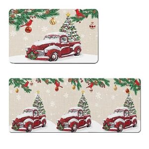 Christmas Red Truck Bath Mat for Tub,Non Slip Bathroom Floor Runner Rug Quick Dry & Absorbent Diatomaceous Earth Shower Sink Kitchen Washable Doormat,Farmhouse Pine Tree Berry Snowflake 16x24+16x47