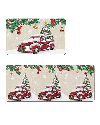 Christmas Red Truck Bath Mat for Tub,Non Slip Bathroom Floor Runner Rug Quick Dry & Absorbent Diatomaceous Earth Shower Sink Kitchen Washable Doormat,Farmhouse Pine Tree Berry Snowflake 16x24+16x47