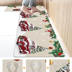 Christmas Red Truck Bath Mat for Tub,Non Slip Bathroom Floor Runner Rug Quick Dry & Absorbent Diatomaceous Earth Shower Sink Kitchen Washable Doormat,Farmhouse Pine Tree Berry Snowflake 16x24+16x47