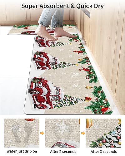 Christmas Red Truck Bath Mat for Tub,Non Slip Bathroom Floor Runner Rug Quick Dry & Absorbent Diatomaceous Earth Shower Sink Kitchen Washable Doormat,Farmhouse Pine Tree Berry Snowflake 16x24+16x47