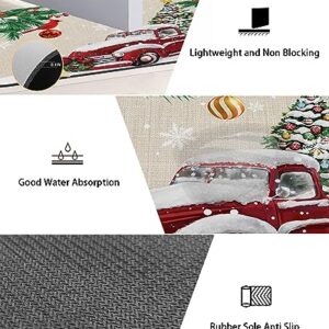 Christmas Red Truck Bath Mat for Tub,Non Slip Bathroom Floor Runner Rug Quick Dry & Absorbent Diatomaceous Earth Shower Sink Kitchen Washable Doormat,Farmhouse Pine Tree Berry Snowflake 16x24+16x47