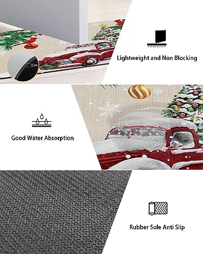 Christmas Red Truck Bath Mat for Tub,Non Slip Bathroom Floor Runner Rug Quick Dry & Absorbent Diatomaceous Earth Shower Sink Kitchen Washable Doormat,Farmhouse Pine Tree Berry Snowflake 16x24+16x47
