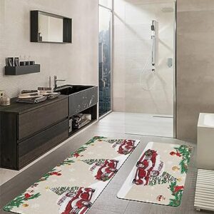 Christmas Red Truck Bath Mat for Tub,Non Slip Bathroom Floor Runner Rug Quick Dry & Absorbent Diatomaceous Earth Shower Sink Kitchen Washable Doormat,Farmhouse Pine Tree Berry Snowflake 16x24+16x47