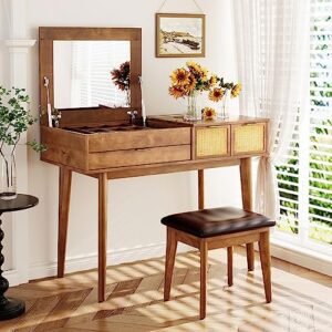 lerkjstn 43.3" classic wood makeup vanity set with flip-top mirror and stool, dressing table with three drawers and storage space (brown)