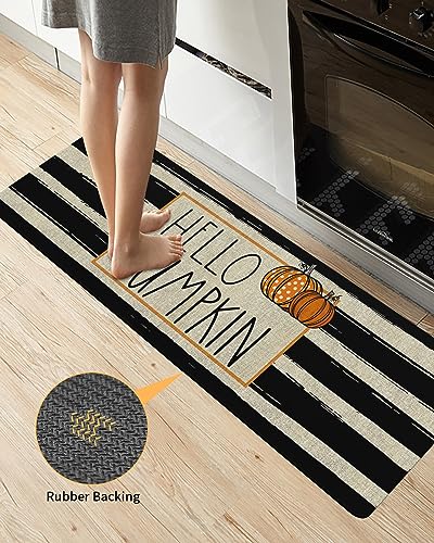 Thanksgiving Bath Mat for Tub,Non Slip Bathroom Floor Runner Rug Quick Dry & Absorbent Diatomaceous Earth Shower Sink Bedroom Kitchen Washable Doormat,Boho Polka Dot Pumpkin Black Stripes 20"x47"