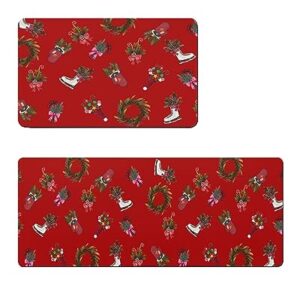 Christmas Bath Mat for Tub,Non Slip Bathroom Floor Runner Rug Quick Dry & Absorbent Diatomaceous Earth Shower Sink Bedroom Kitchen Washable Doormat,Red Candy Cane Pine Tree Berry Wreath 18x30+18x48