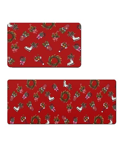 Christmas Bath Mat for Tub,Non Slip Bathroom Floor Runner Rug Quick Dry & Absorbent Diatomaceous Earth Shower Sink Bedroom Kitchen Washable Doormat,Red Candy Cane Pine Tree Berry Wreath 18x30+18x48