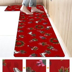 Christmas Bath Mat for Tub,Non Slip Bathroom Floor Runner Rug Quick Dry & Absorbent Diatomaceous Earth Shower Sink Bedroom Kitchen Washable Doormat,Red Candy Cane Pine Tree Berry Wreath 18x30+18x48