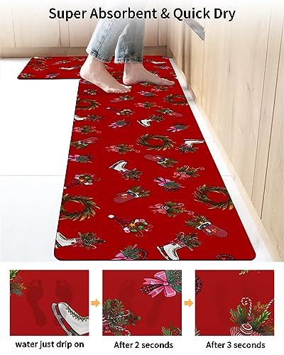 Christmas Bath Mat for Tub,Non Slip Bathroom Floor Runner Rug Quick Dry & Absorbent Diatomaceous Earth Shower Sink Bedroom Kitchen Washable Doormat,Red Candy Cane Pine Tree Berry Wreath 18x30+18x48