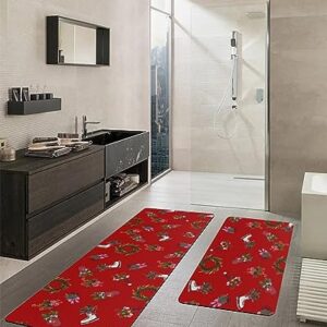 Christmas Bath Mat for Tub,Non Slip Bathroom Floor Runner Rug Quick Dry & Absorbent Diatomaceous Earth Shower Sink Bedroom Kitchen Washable Doormat,Red Candy Cane Pine Tree Berry Wreath 18x30+18x48