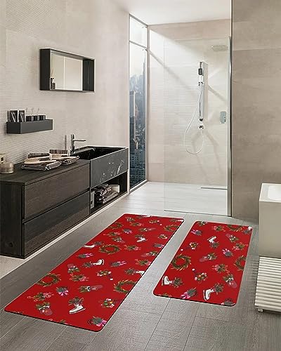 Christmas Bath Mat for Tub,Non Slip Bathroom Floor Runner Rug Quick Dry & Absorbent Diatomaceous Earth Shower Sink Bedroom Kitchen Washable Doormat,Red Candy Cane Pine Tree Berry Wreath 18x30+18x48