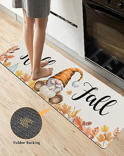 Thanksgiving Gnomes Bath Mat for Tub,Non Slip Bathroom Floor Runner Rug Quick Dry & Absorbent Diatomaceous Earth Shower Sink Kitchen Washable Doormat,Fall White Pumpkin Autumn Maple Leaves 18"x47"